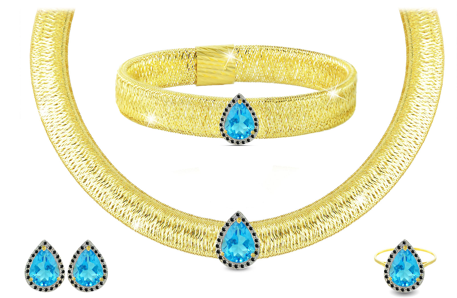 Vera Perla 18K Gold 0.60ct Black Diamonds, Topaz and 13mm Black Pearl Jewelry Set - 4 pcs.